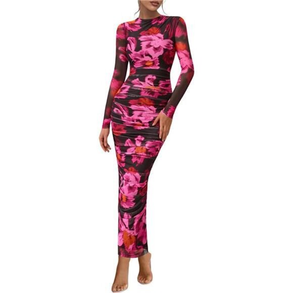 Women's Long Sleeve Maxi Dress Floral2 - Picture 1 of 7
